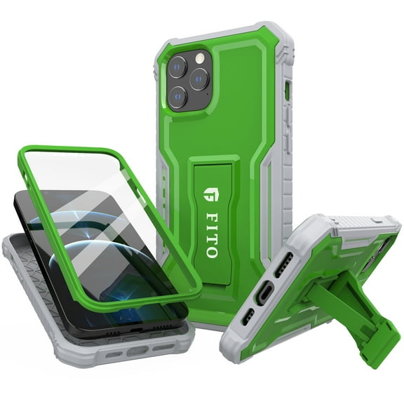 FITO For iPhone 12 Pro Max Case, Phone Case with Screen Protector and Kickstand (Green)