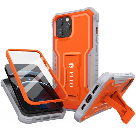 FITO For iPhone 12 Pro Max Case, Phone Case with Screen Protector and Kickstand (Orange)