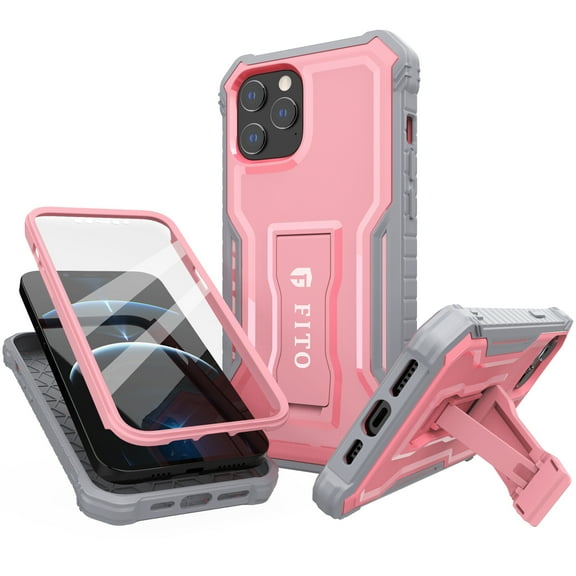 FITO For iPhone 12 Pro Max Case, Phone Case with Screen Protector and Kickstand (Pink)