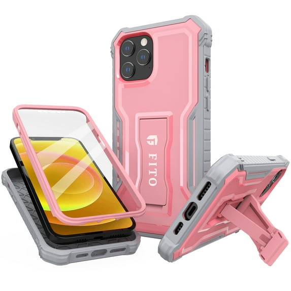 FITO For iPhone 12/iPhone 12 Case, Phone Case with Screen Protector and Kickstand (Pink)