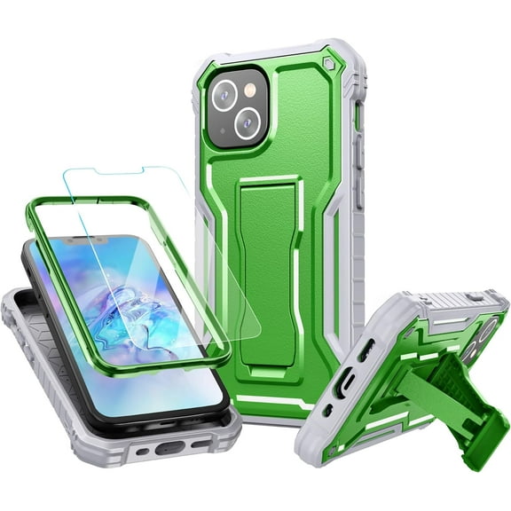 FITO For iPhone 13 Mini Case, Phone Case with Screen Protector and Kickstand (Green)