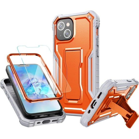 FITO Phone Case with Screen Protector and Kickstand for Apple iPhone 13, Orange and Gray
