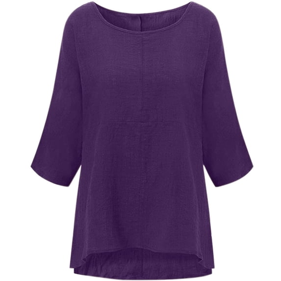 FITOOM 3/4 Sleeve Plus Size Tops for Women Solid Three Quarter Roll Up Sleeve Cotton Blouse Loose T-shirt Purple S