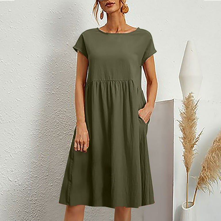 FITOOM Women s Casual Summer Cotton Linen Solid Color Round Neck Short Sleeve Dress Midi Dress Walmart
