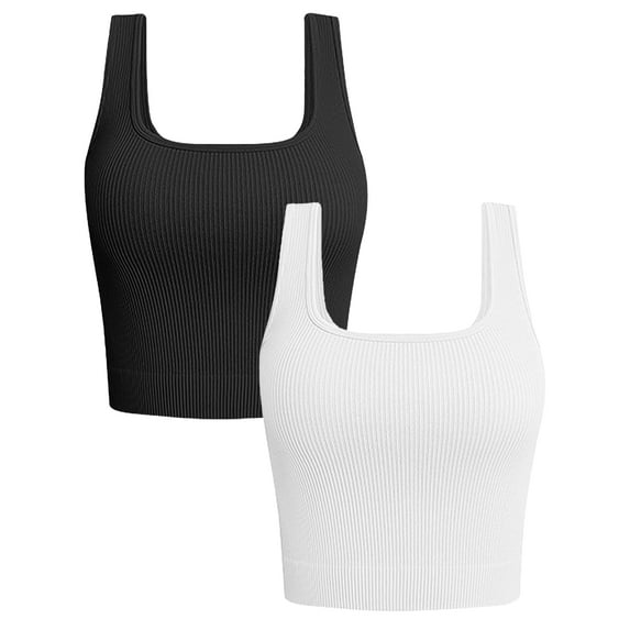 FITOP Women's 2 Piece Square Neck Tank Tops Ribbed Seamless Workout Exercise Shirts Summer Basic Camis