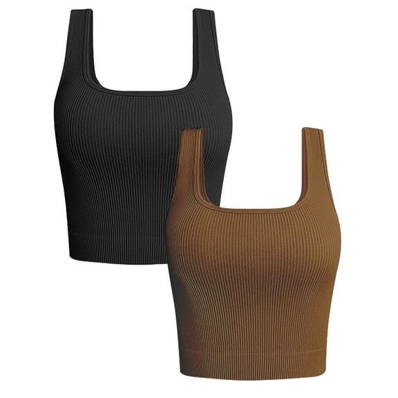 FITOP Women's 2 Piece Square Neck Tank Tops Ribbed Seamless Workout Exercise Shirts Summer Basic Camis