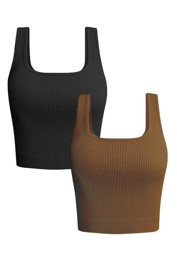 Women's 2 Piece Square Neck Tank Tops Ribbed Seamless Workout Exercise Shirts Summer Basic Camis