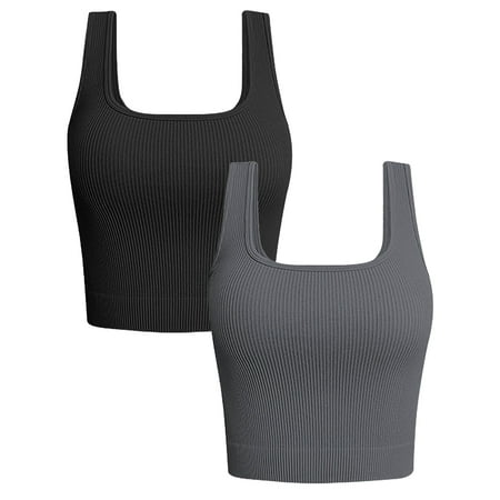 FITOP Women's 2 Piece Square Neck Tank Tops Ribbed Seamless Workout Exercise Shirts Summer Basic Camis