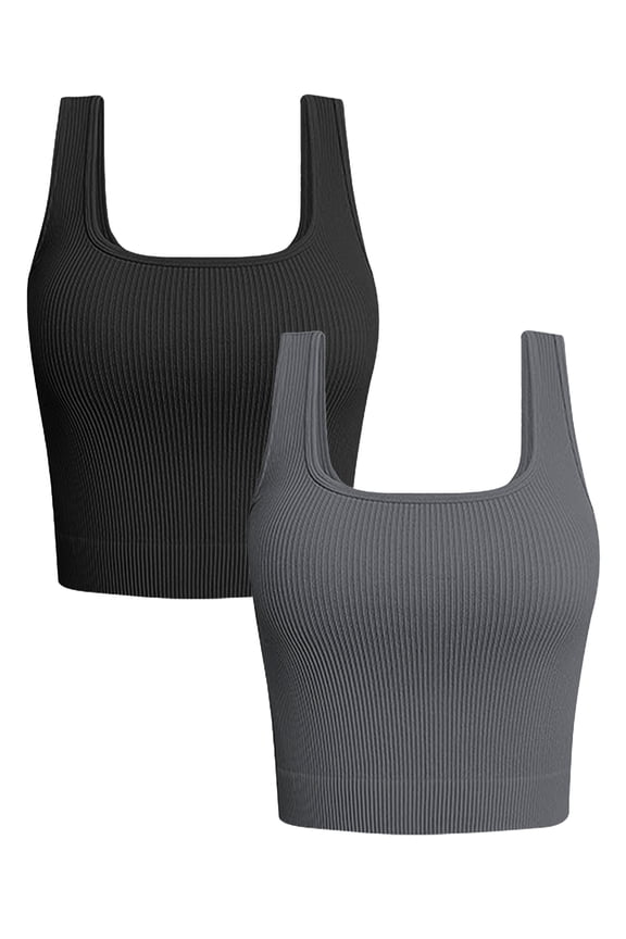 Women's 2 Piece Square Neck Tank Tops Ribbed Seamless Workout Exercise Shirts Summer Basic Camis