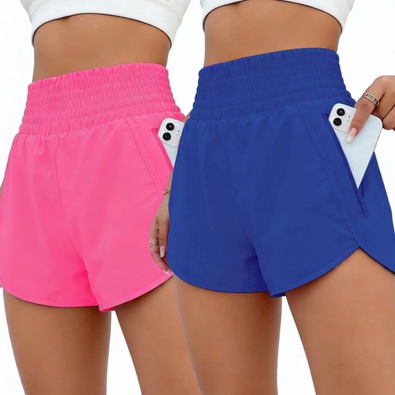 FITOP Women's Athletic Shorts High Waisted Running Shorts Zipper Pocket Gym Elastic Workout Shorts Black+Black, US Size L