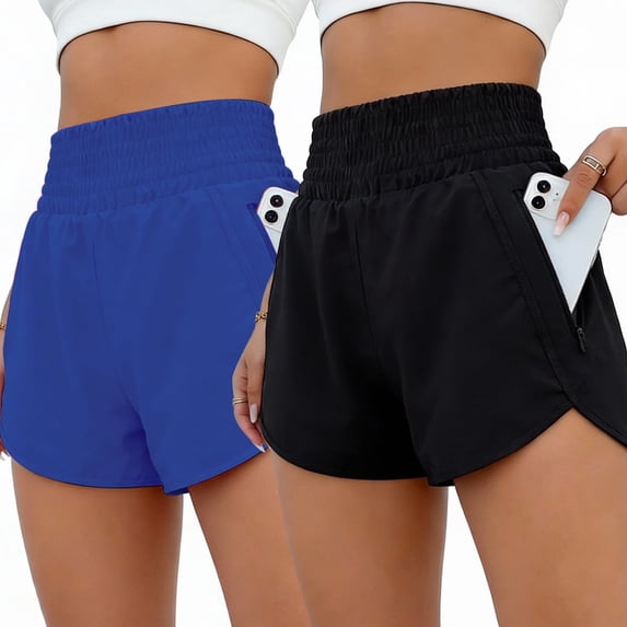 FITOP Women's Athletic Shorts High Waisted Running Shorts Zipper Pocket Gym Elastic Workout Shorts Black+Black, US Size M