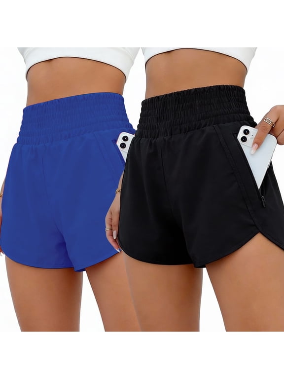 Women's Athletic Shorts High Waisted Running Shorts Zipper Pocket Gym Elastic Workout Shorts Black+Black, US Size M