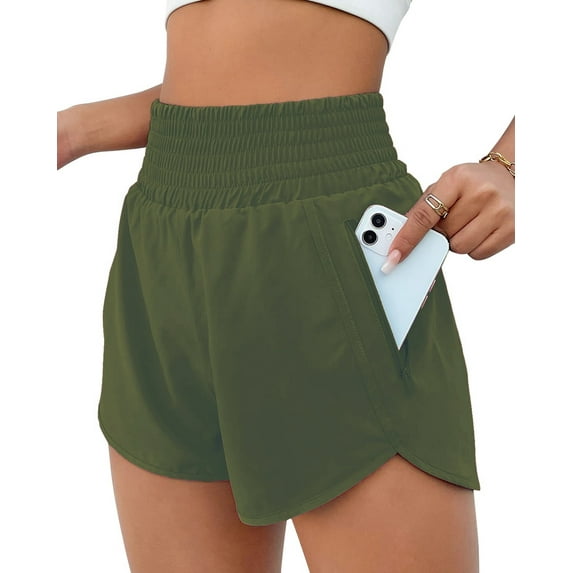 FITOP Women's Athletic Shorts High Waisted Running Shorts Zipper Pocket Gym Elastic Workout Shorts