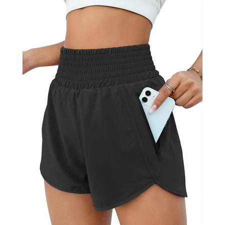 FITOP Women's Athletic Shorts High Waisted Running Shorts Zipper Pocket Gym Elastic Workout Shorts