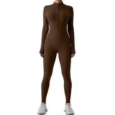 FITOP Women's Long Sleeve Workout Jumpsuit Zip Front Sport Romper Bottom Pants Bodysuit Bodycon Sexy One Piece L