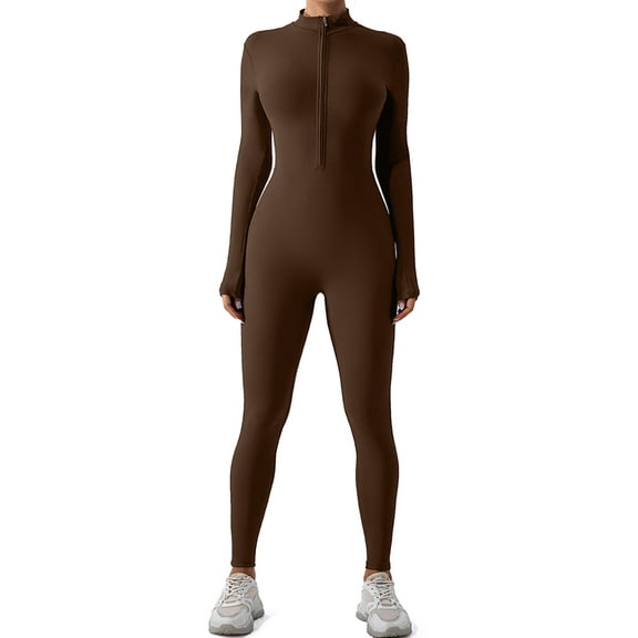 FITOP Women's Long Sleeve Workout Jumpsuit Zip Front Sport Romper Bottom Pants Bodysuit Bodycon Sexy One Piece L