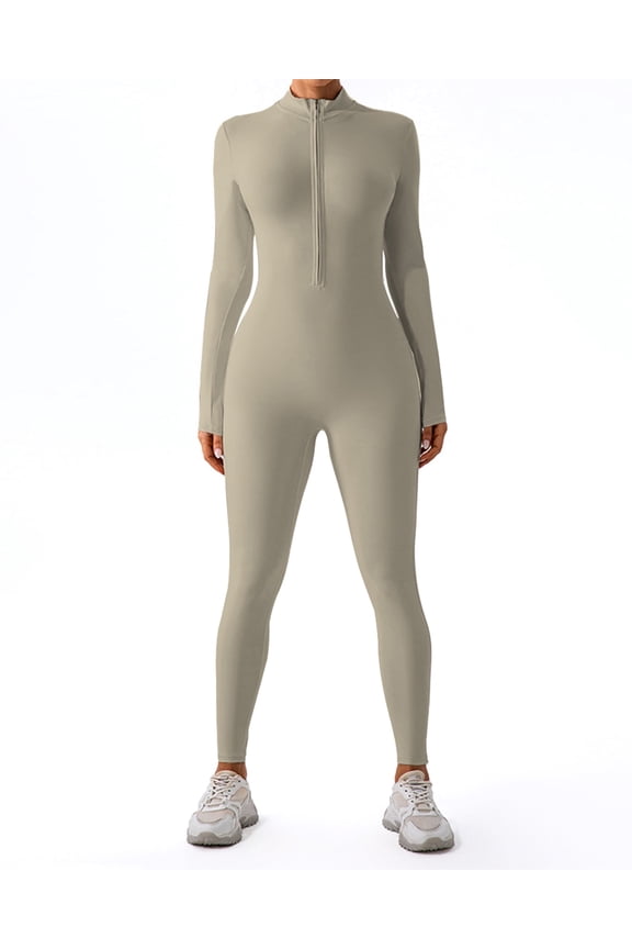Women's Long Sleeve Workout Jumpsuit Zip Front Sport Romper Bottom Pants Bodysuit Bodycon Sexy One Piece S