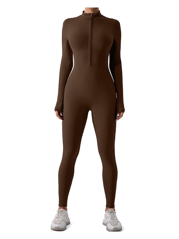 Women's Long Sleeve Workout Jumpsuit Zip Front Sport Romper Bottom Pants Bodysuit Bodycon Sexy One Piece S