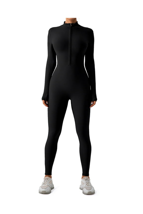 Women's Long Sleeve Workout Jumpsuit Zip Front Sport Romper Bottom Pants Bodysuit Bodycon Sexy One Piece S