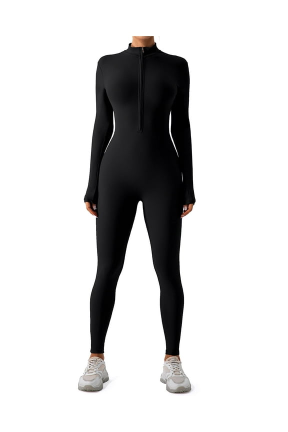 Women's Long Sleeve Workout Jumpsuit Zip Front Sport Romper Bottom Pants Bodysuit Bodycon Sexy One Piece S