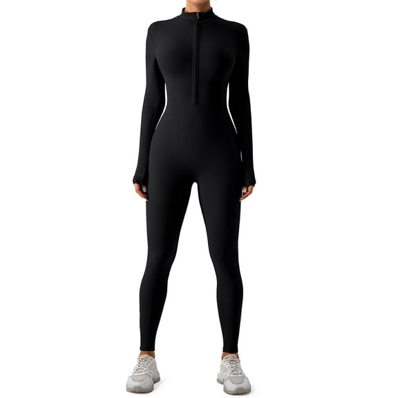 FITOP Women's Long Sleeve Workout Jumpsuit Zip Front Sport Romper Bottom Pants Bodysuit Bodycon Sexy One Piece S