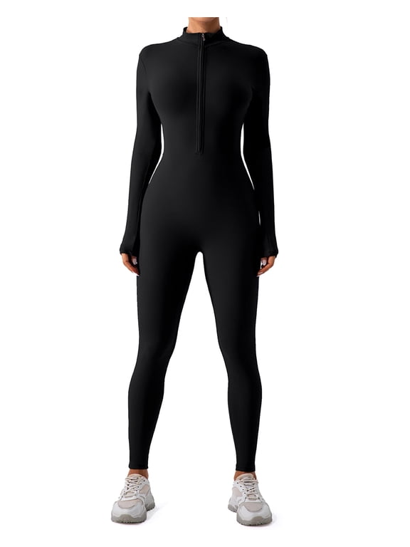 Women's Long Sleeve Workout Jumpsuit Zip Front Sport Romper Bottom Pants Bodysuit Bodycon Sexy One Piece S