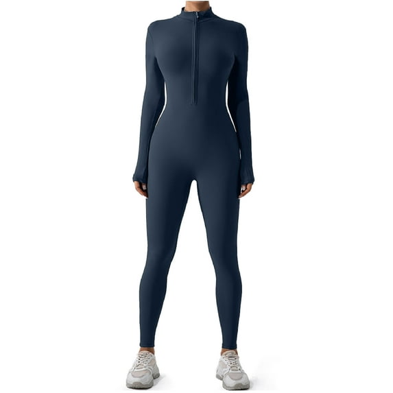 FITOP Women's Long Sleeve Workout Jumpsuit Zip Front Sport Romper Bottom Pants Bodysuit Bodycon Sexy One Piece XL