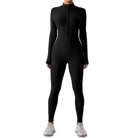 FITOP Women's Long Sleeve Workout Jumpsuit Zip Front Sport Romper Bottom Pants Bodysuit Bodycon Sexy One Piece XL