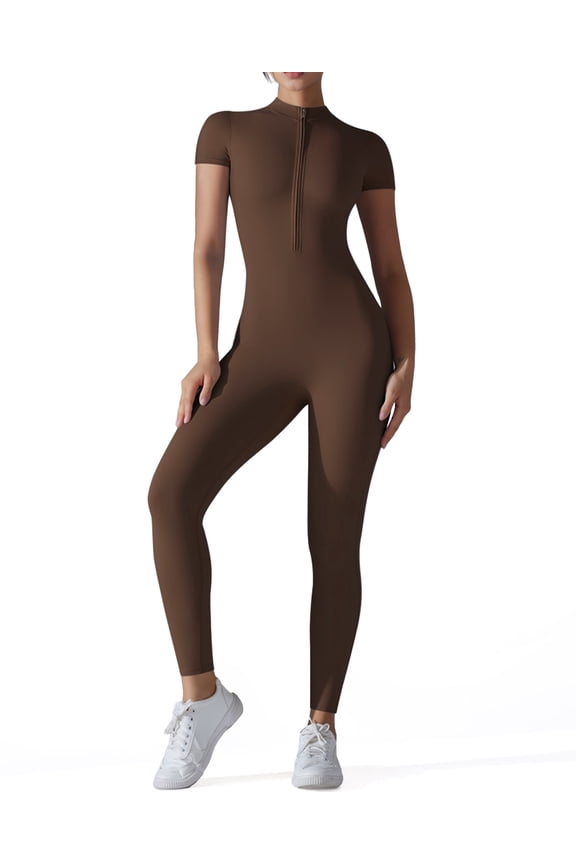 Women's Short Sleeve Workout Jumpsuit Zip Front Sport Romper Bottom Pants Bodysuit Bodycon Sexy One Piece S