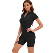 FITOP Womens Short Sleeve Workout Jumpsuit Zip Up Romper Bottom Shorts Bodysuit Bodycon Sexy One Piece Size S