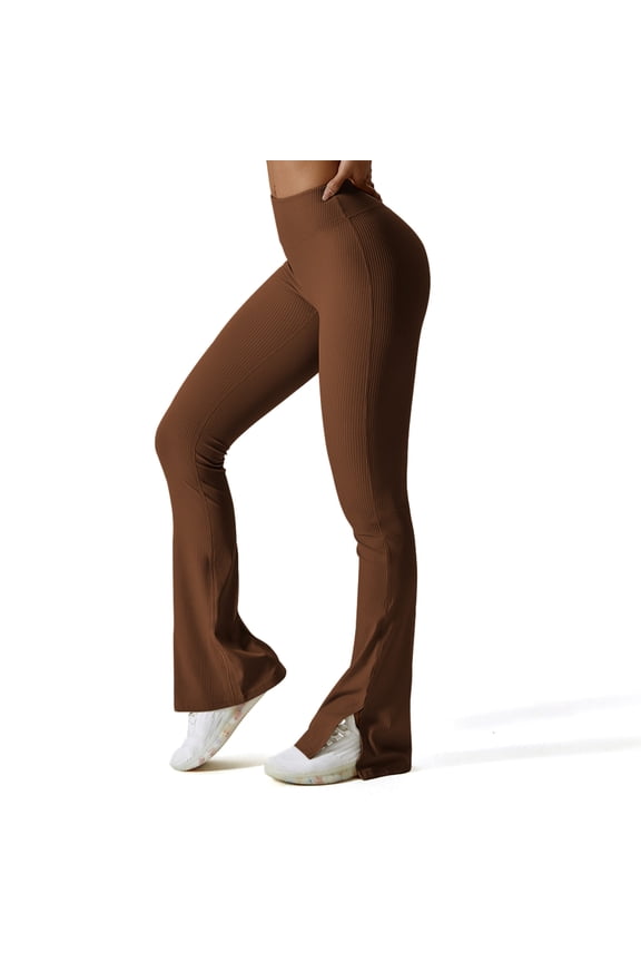 Womens Ribbed Flared Leggings Slit Hem High Waist Bootcut Yoga Pants Workout Bootleg Pants