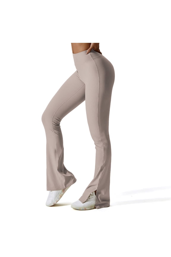 Womens Ribbed Flared Leggings Slit Hem High Waist Bootcut Yoga Pants Workout Bootleg Pants