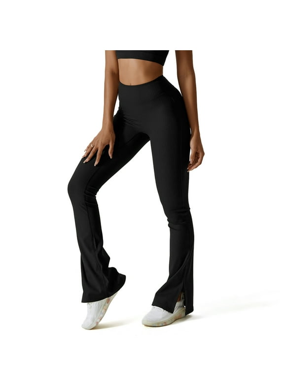 FITOP Womens Ribbed Flared Leggings Slit Hem High Waist Bootcut Yoga Pants Workout Bootleg Pants