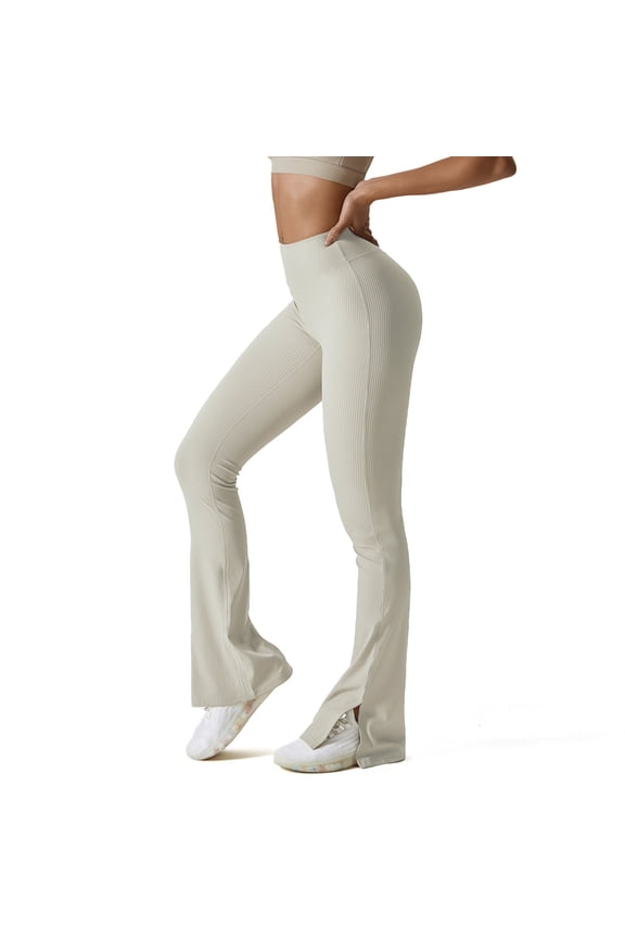 Womens Ribbed Flared Leggings Slit Hem High Waist Bootcut Yoga Pants Workout Bootleg Pants