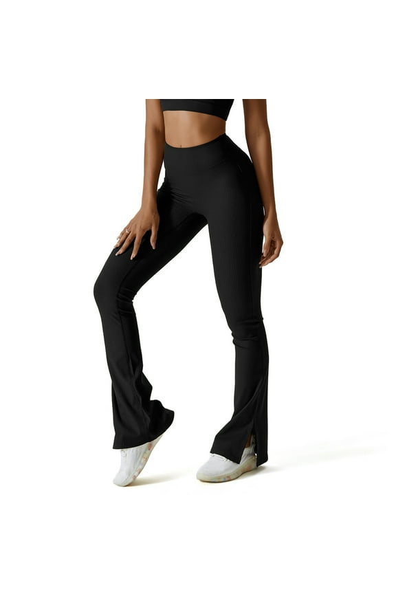 High Waist Bootcut Yoga Pants with Slit Hem, Women's Ribbed Flared Workout Leggings