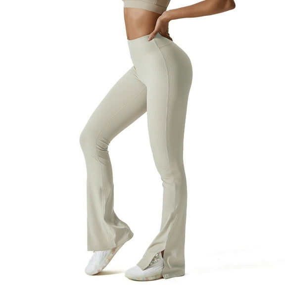 FITOP Womens Ribbed Flared Leggings Slit Hem High Waist Bootcut Yoga Pants Workout Bootleg Pants