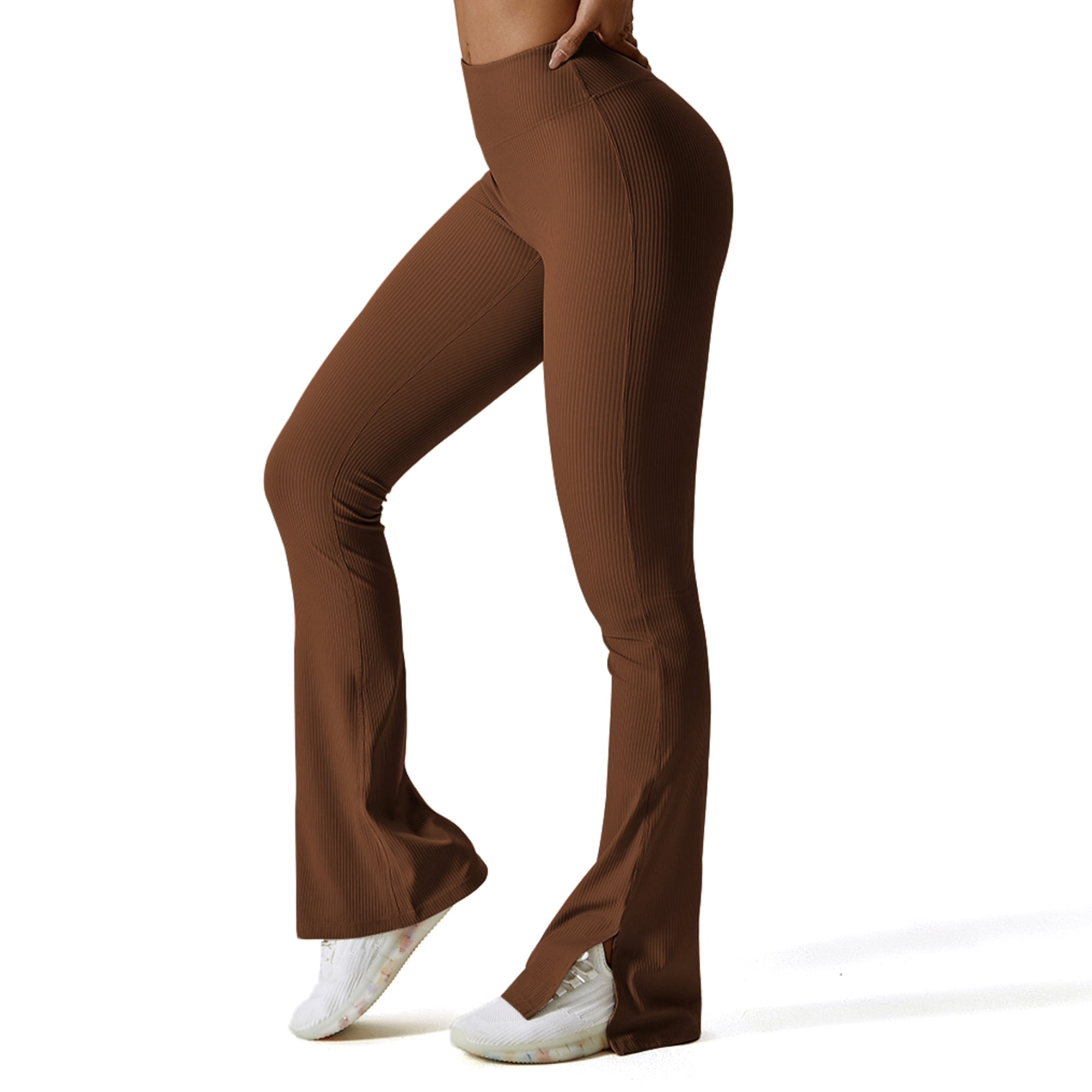 FITOP Womens Ribbed Flared Leggings Slit Hem High Waist Bootcut Yoga Pants Workout Bootleg Pants