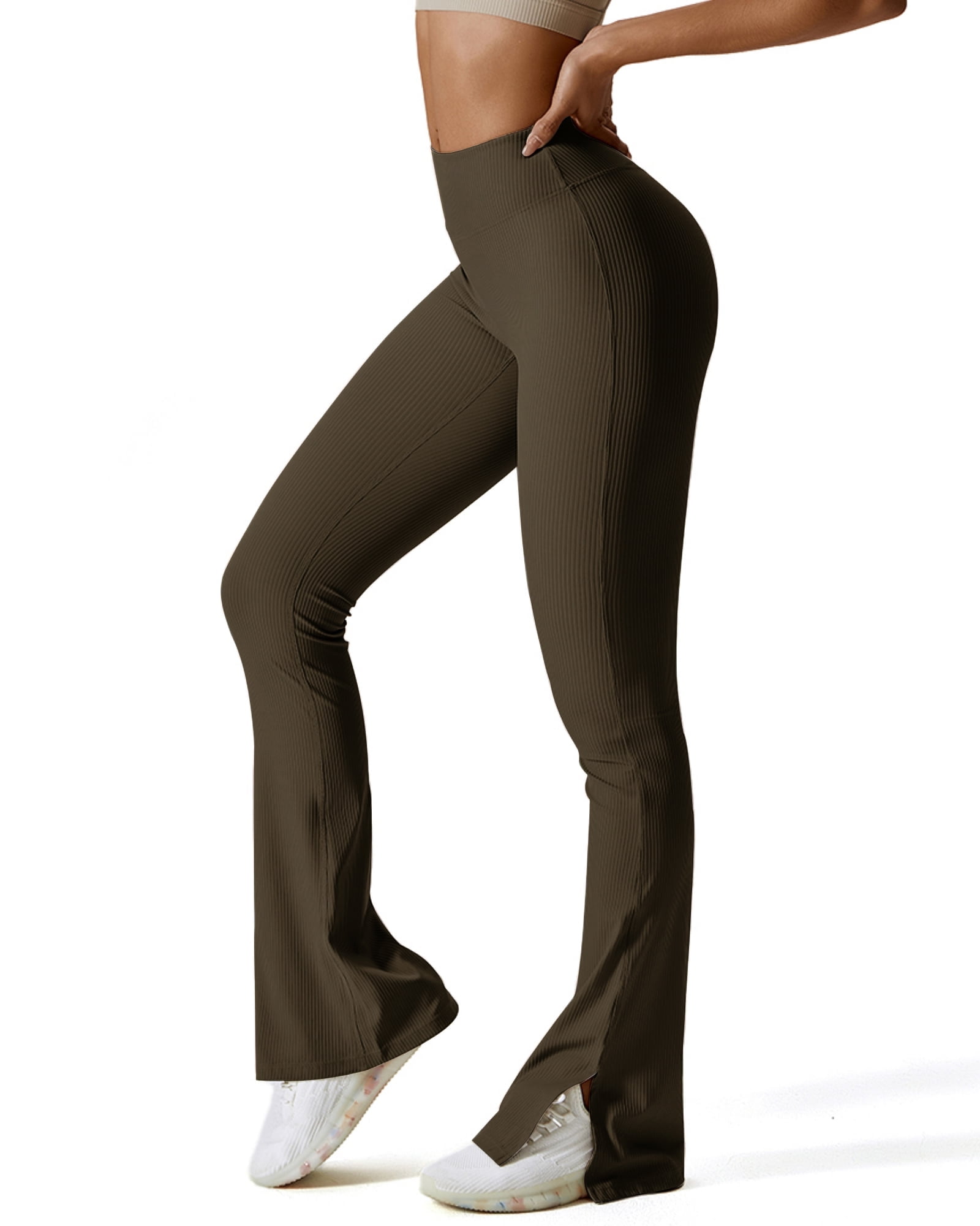 FITOP Womens Ribbed Flared Leggings Slit Hem High Waist Bootcut Yoga Pants Workout Bootleg Pants
