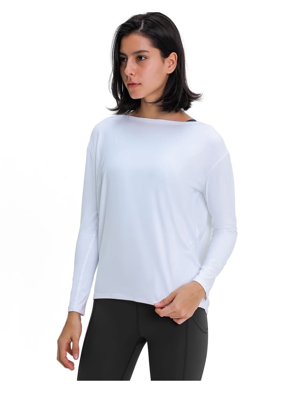 YOGA Long Sleeve Workout Tops Shirts for Women Loose Fit Athletic Yoga Shirt Casual Boat Neck Tops