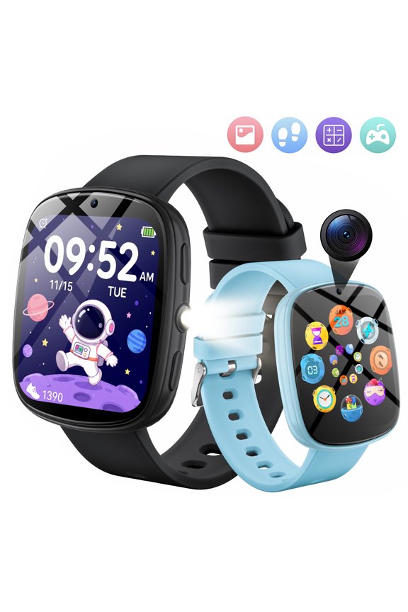 Games Smart Watch for Children 1.83''HD Touch Screen 22 Puzzle Games Sleep Tracker Camera Take Picture Flashlight Children Gift Applies to 4-12 Year Old -Two SetsBlack+Blue)