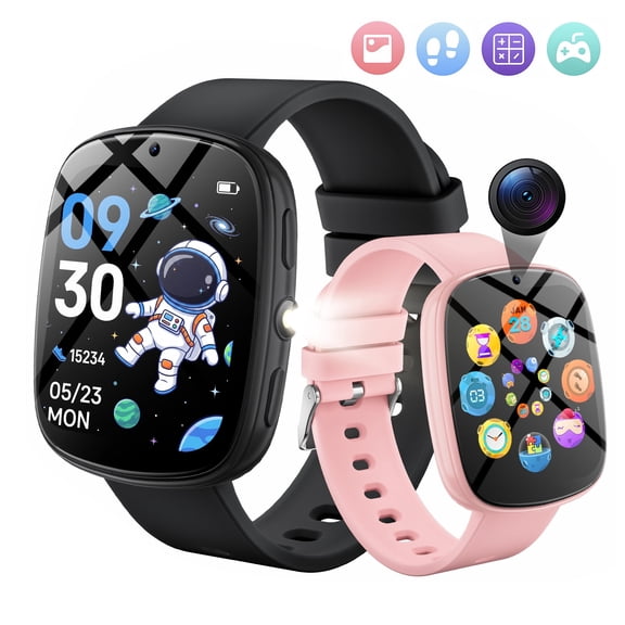 FITORA Games Smart Watch for Kids 1.83''HD Touch Screen Camera 22 Puzzle Games Sleep Tracker Camera Flashlight Children Gift Applies to 4-12 Year Old -Two Sets（Black Pink)