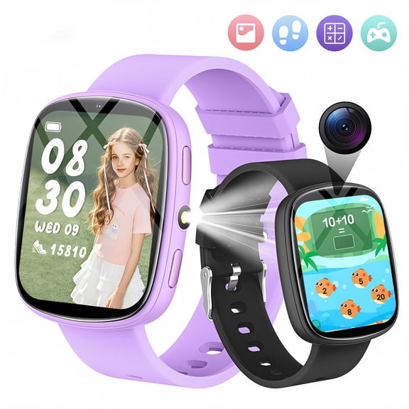 FITORA Games Smart Watch for Kids 1.83''HD Touch Screen Camera 22 Puzzle Games Sleep Tracker Camera Flashlight Children Watch Gift Applies to 4-12 Year Old -Two Sets（Purple+Black)