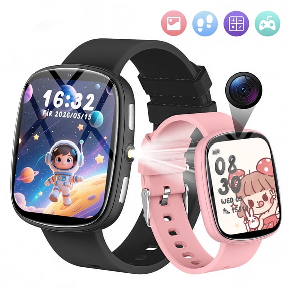 FITORA Games Smart Watch for Kids 1.83''HD Touch Screen Camera 22 Puzzle Games Sleep Tracker Camera Flashlight Children Gift Applies to 4-12 Year Old -Two Sets（Black+Pink)