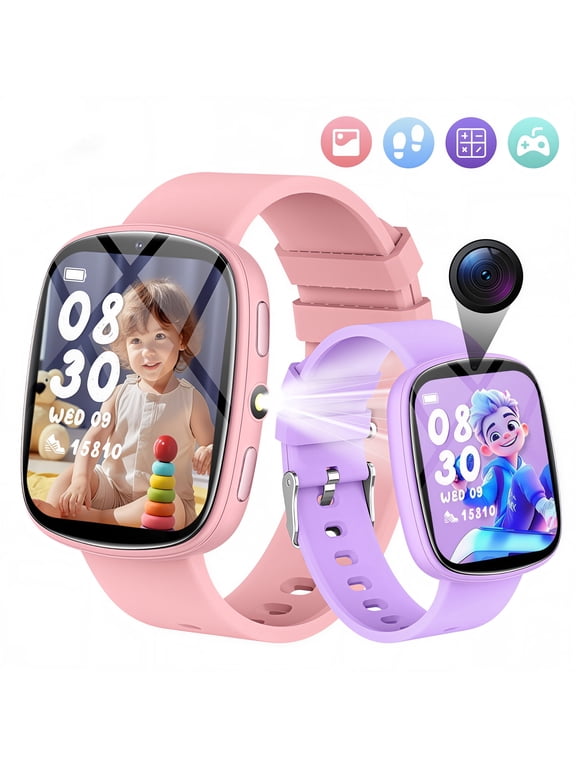 Games Smart Watch for Kids 1.83''HD Touch Screen Camera 22 Puzzle Games Sleep Tracker Camera Flashlight Children Watch Gift Applies to 4-12 Year Old -Two Sets（Pink+Purple)