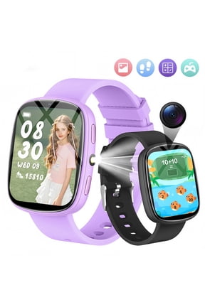 Games Smart Watch for Kids 1.83''HD Touch Screen Camera 22 Puzzle Games Sleep Tracker Camera Flashlight Children Watch Gift Applies to 4-12 Year Old -Two Sets（Purple+Black)