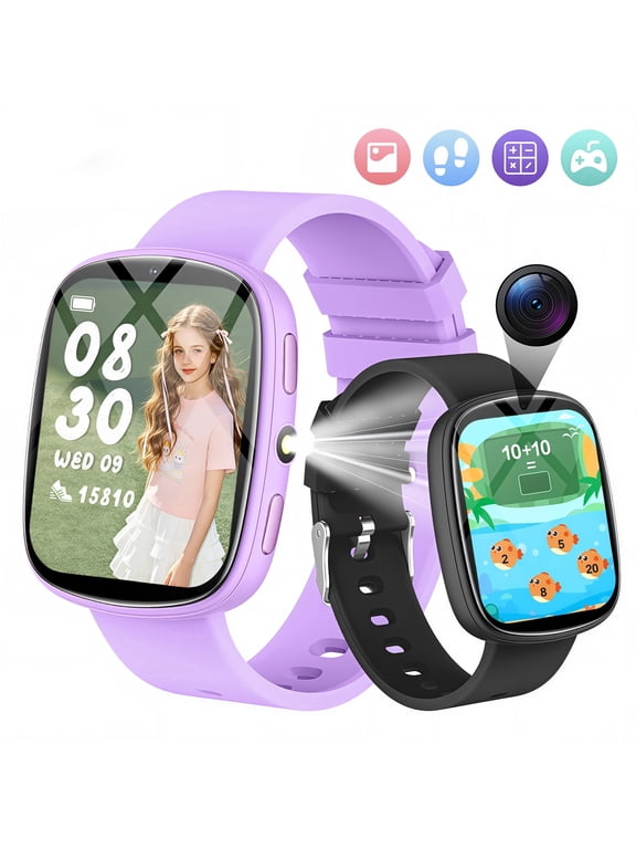Games Smart Watch for Kids 1.83''HD Touch Screen Camera 22 Puzzle Games Sleep Tracker Camera Flashlight Children Watch Gift Applies to 4-12 Year Old -Two Sets（Purple+Black)