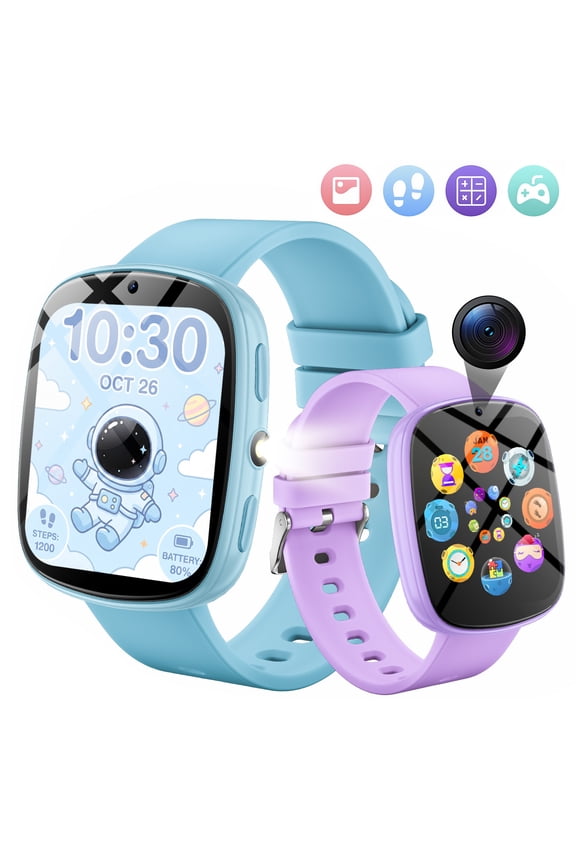 Kids Game Smart Watch with 1.83''HD Touch Screen 22 Puzzle Games Sleep Tracker Camera Photo Flashlight Children Watch Gift Applies to 4-12 Year Old -Two SetsBlue+Purple)