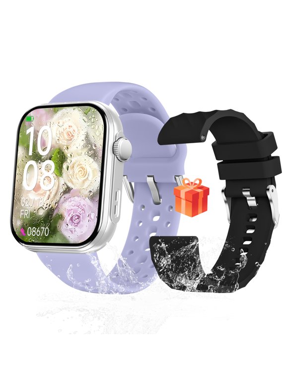 Smart Watch Make Call/Answer IP68 Waterproof 1.83"HD Touchscreen Voice Assistant Real-time Message Push Sleep Monitor for Men Women,two straps-Purple+Black