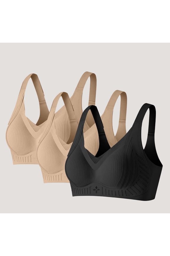 3 Pack Wireless Sports Bras for Women, Medium Impact Wirefree Racerback - Seamless Padded Workout Bra with Back Closure, Coffee,Size M
