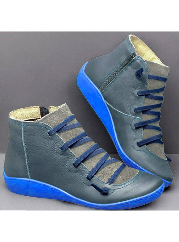 FITORON Ankle Boots for Women- Casual Flat Leather Retro Lace-Up Boots Side Zipper Plus Shoe Boots Blue 35